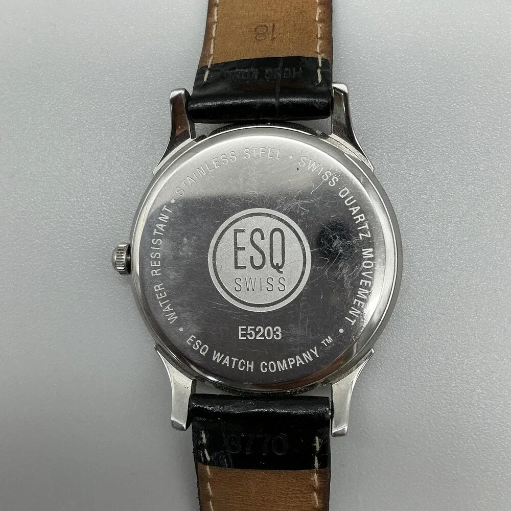 ESQ Movado Swiss E5203 Mens Watch 35mm Black Dial Leather Date New Battery